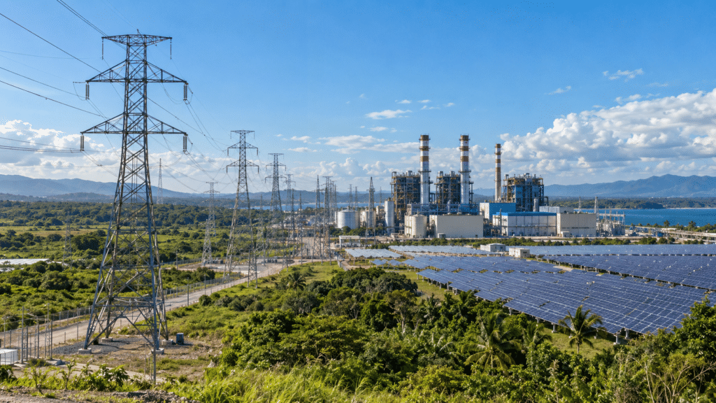 Electricity generation in the Dominican Republic with a power plant, high-voltage transmission lines and a large solar photovoltaic field