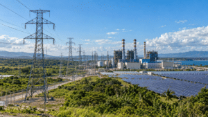 Electricity generation in the Dominican Republic with a power plant, high-voltage transmission lines and a large solar photovoltaic field