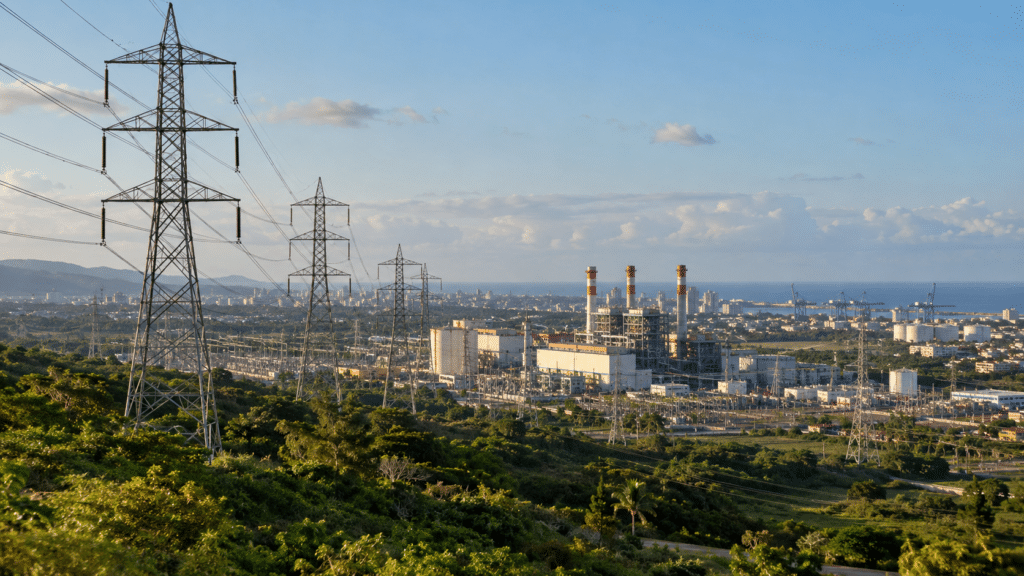 Dominican Republic electricity infrastructure with high-voltage transmission lines, power generation facility and urban areas in the distance