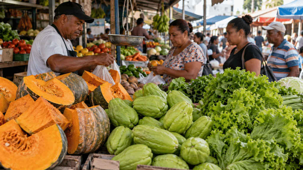 Pumpkin, chayote and lettuce at a Dominican market amid rising food prices