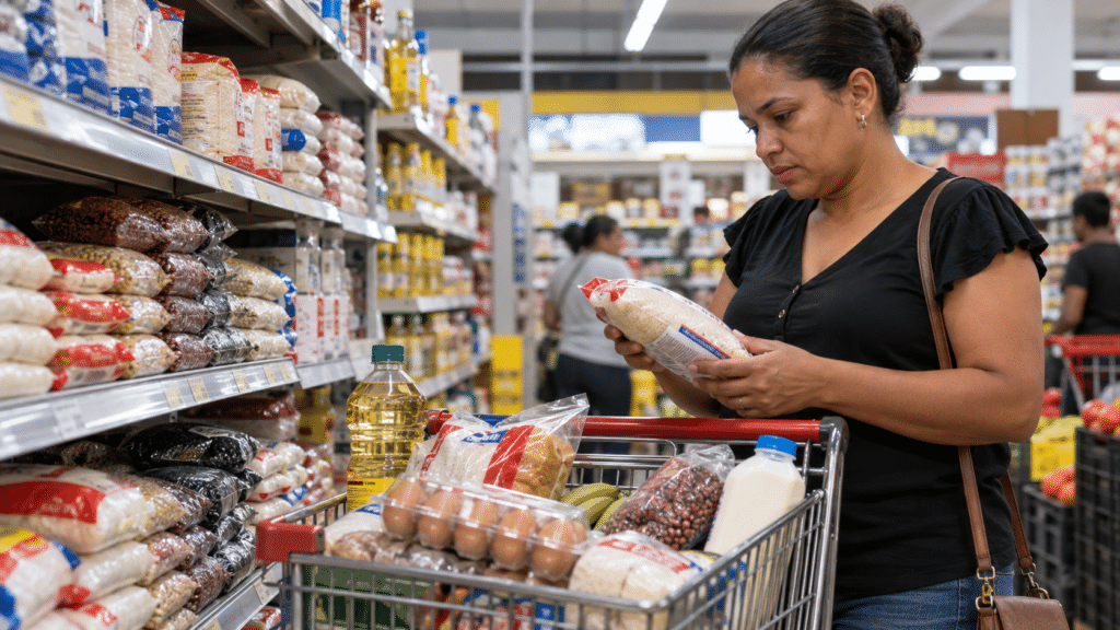 Dominican shopper comparing grocery prices in a supermarket