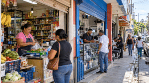 Dominican small business owners serving customers at neighborhood grocery stores and retail shops in Santiago de los Caballeros, Dominican Republic