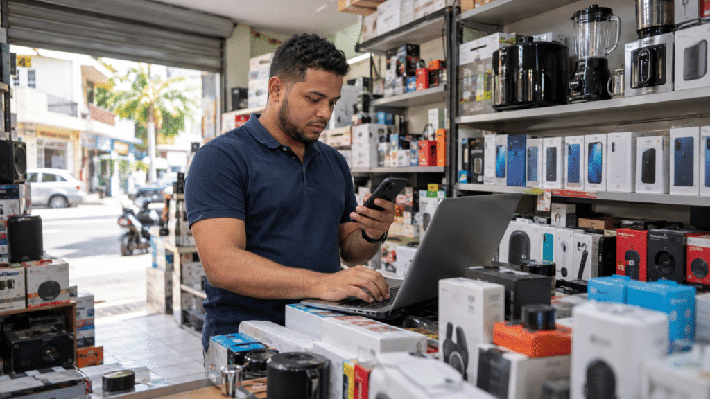 Dominican small-business owner managing online sales in an electronics shop in Santo Domingo