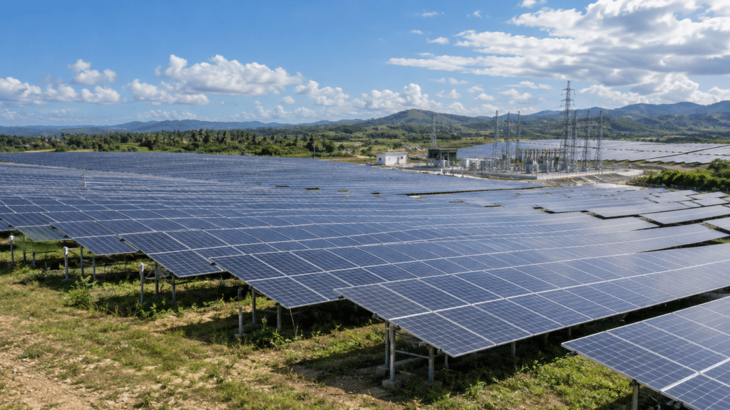 Large solar photovoltaic farm in the Dominican Republic with rows of solar panels, electrical infrastructure and tropical hills