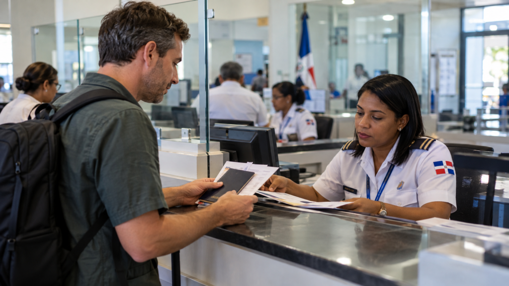 International traveler presenting a passport and travel documents to a Dominican immigration official at a government service counter in the Dominican Republic