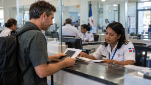 International traveler presenting a passport and travel documents to a Dominican immigration official at a government service counter in the Dominican Republic
