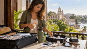 Traveler preparing for a trip to the Dominican Republic with sunscreen, insect repellent and travel health essentials