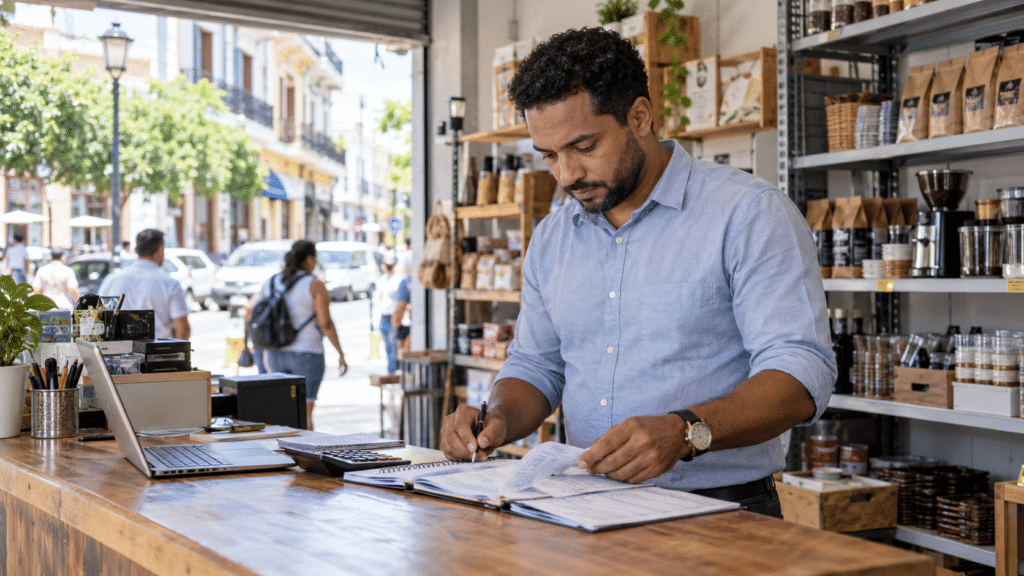Dominican entrepreneur reviewing business finances in Santo Domingo