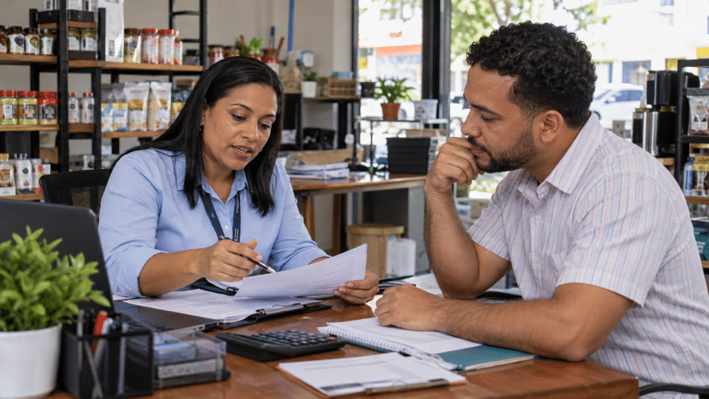 Dominican small business owner meeting with a business advisor to review financial documents