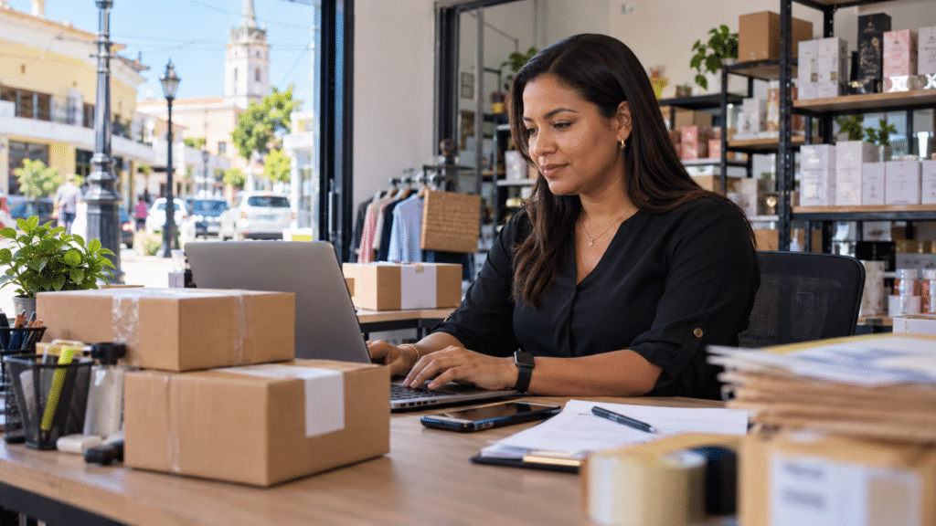 Dominican small-business owner managing online orders and shipments in Santo Domingo