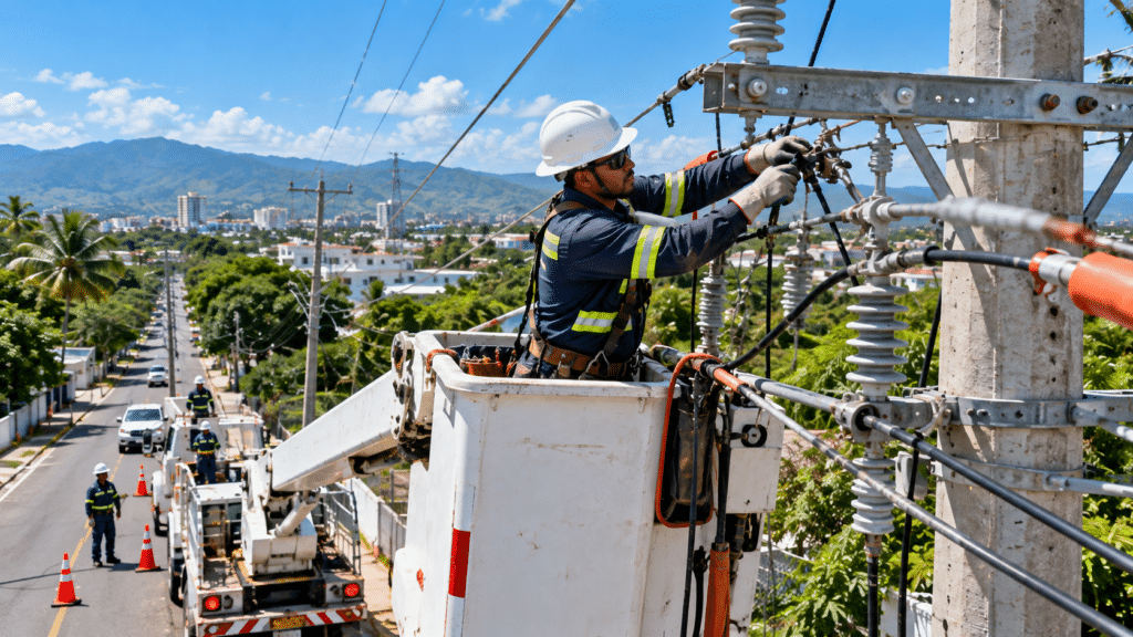 Electricity utility worker repairing power lines in the Dominican Republic