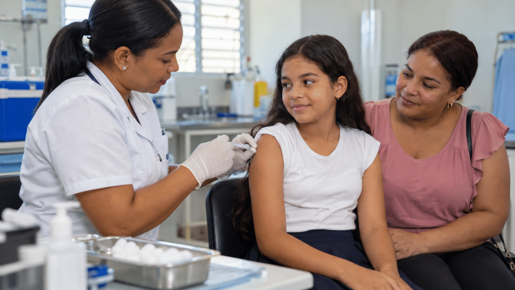 Dominican nurse vaccinating a young girl in a public health clinic