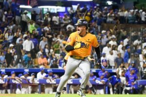 Águilas Cibaeñas celebrate during a Dominican winter baseball game against the Tigres del Licey