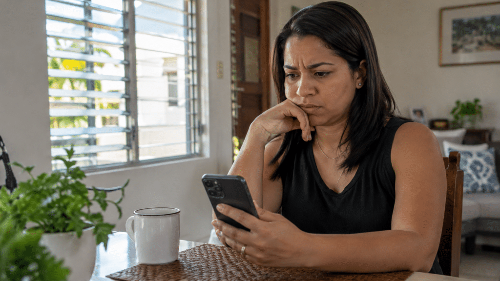Dominican woman examining an unexpected message on her smartphone at home, illustrating mobile phone scams and cybersecurity risks in the Dominican Republic