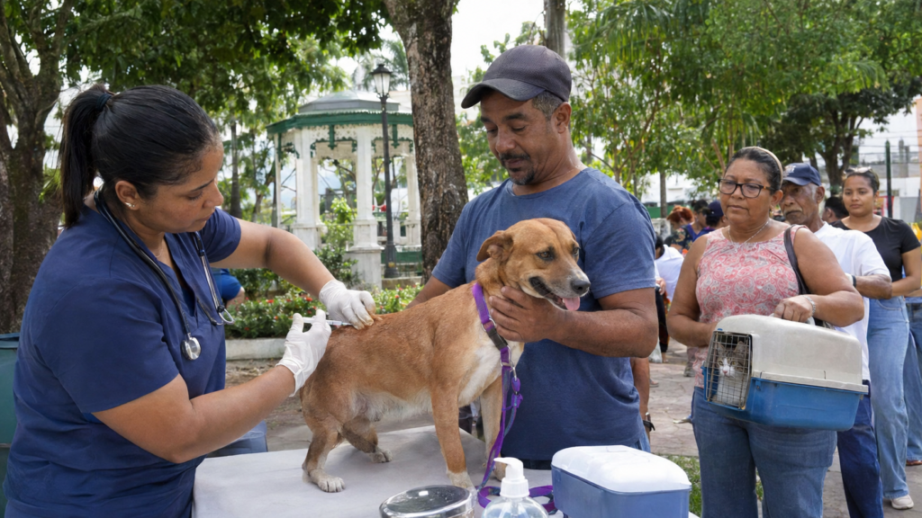 Veterinarian vaccinates a dog during a free rabies campaign in Puerto Plata, Dominican Republic