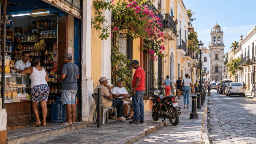 Locals chatting outside a traditional colmado in Santo Domingo