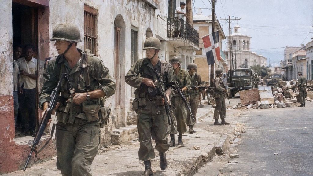 U.S. Marines patrol a damaged street in Santo Domingo during the April 1965 military intervention in the Dominican Republic