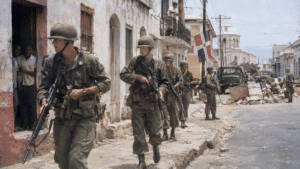 U.S. Marines patrol a damaged street in Santo Domingo during the April 1965 military intervention in the Dominican Republic