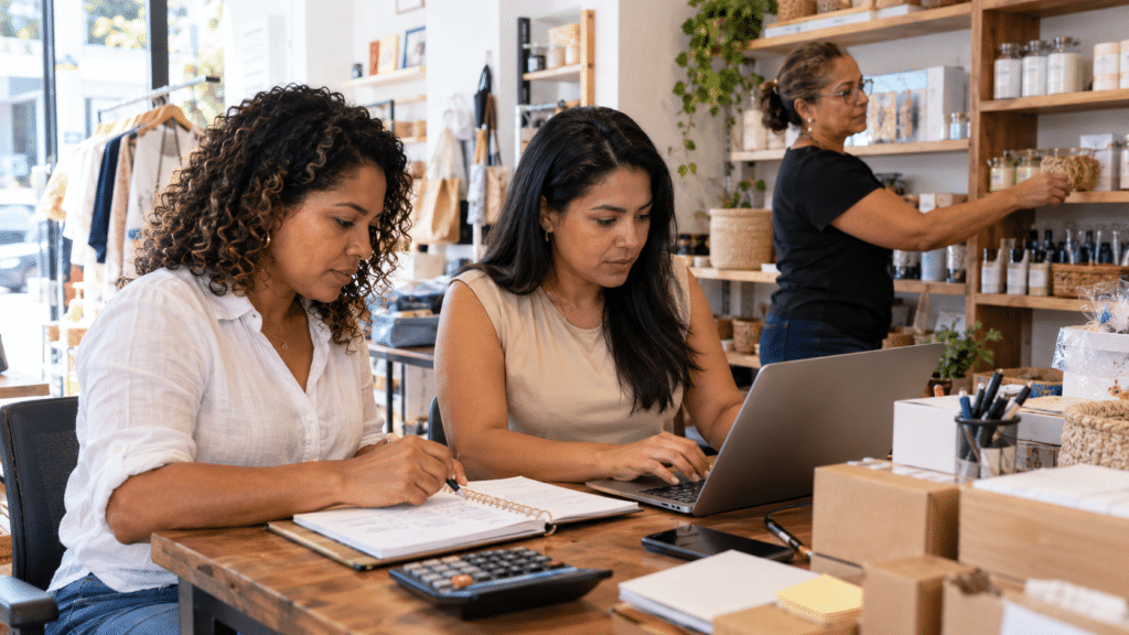 Three Dominican women entrepreneurs managing a small business in Santo Domingo