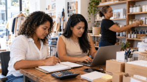 Three Dominican women entrepreneurs managing a small business in Santo Domingo