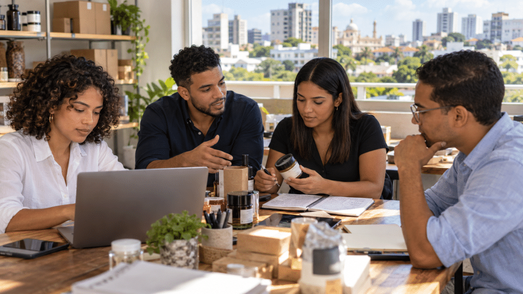 Young Dominican entrepreneurs collaborating on a business project in Santo Domingo